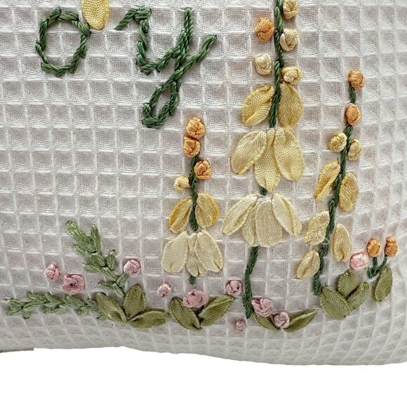 Ribbon Embroidered Throw Pillow Joy Floral Cat Ruffled Edge Cottagecore 9 In - Picture 4 of 8